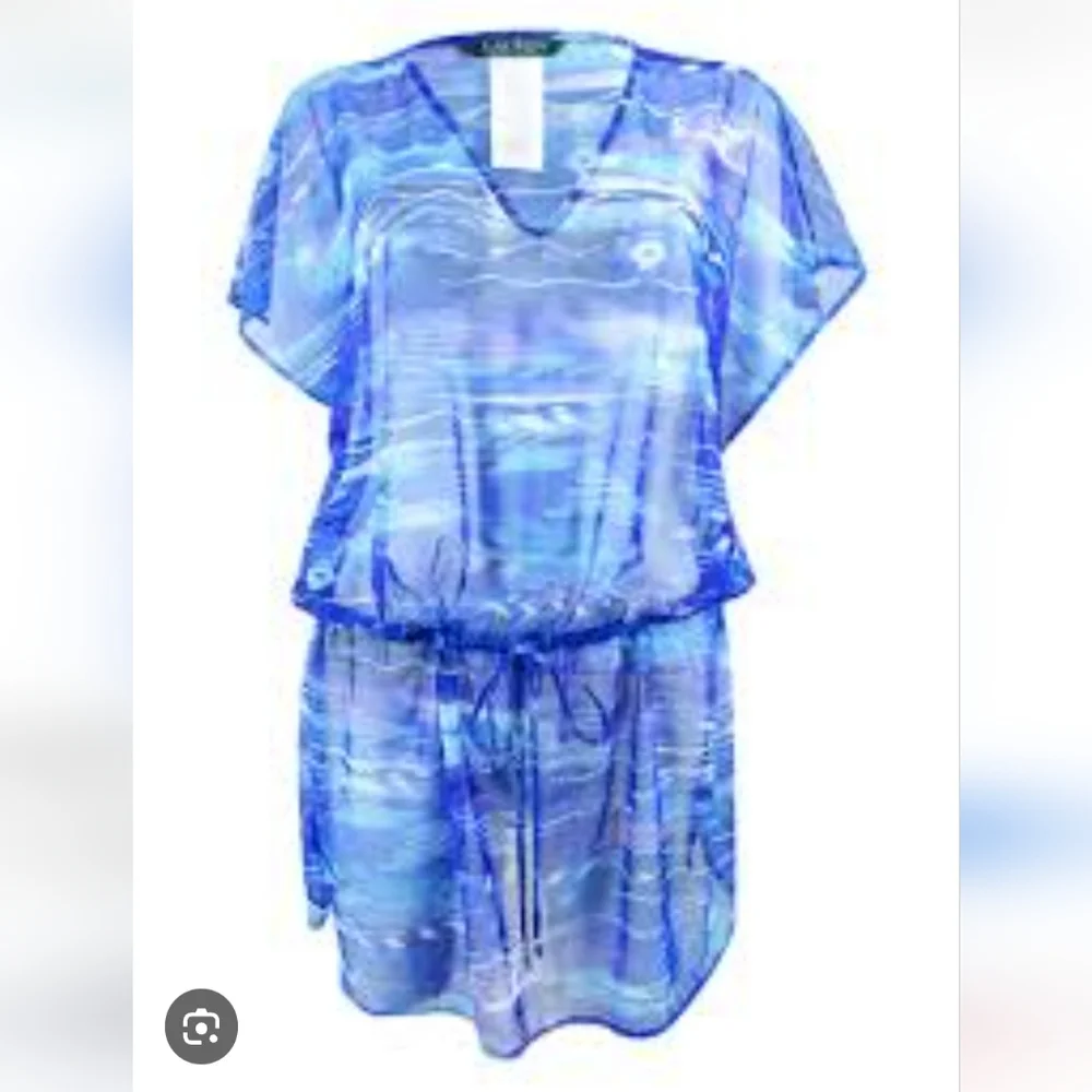 LAUREN RALPH LAUREN Calypso Ikat Blue Print Semi Sheer Swim CoverUp Mini Dress M - Picture 8 of 9